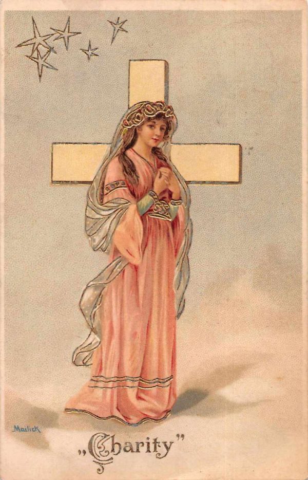 Religious Greetings "Charity" Woman with Cross Vintage Postcard JH230963
