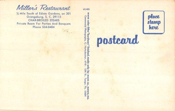 Orangeburg South Carolina outside view Miller's Restaurant vintage pc ZC549023 - Image 2
