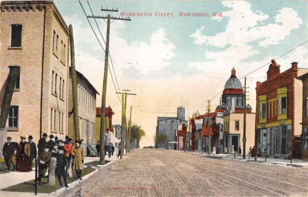 Manitowoc Wisconsin birds eye view down Washington St antique pc ZC549176