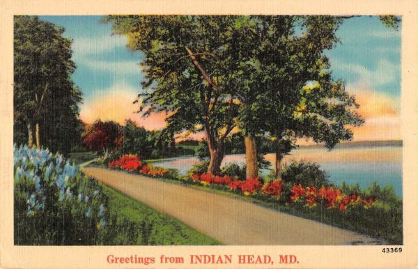 Indian Head Maryland Greetings From road by river linen antique pc ZC549347