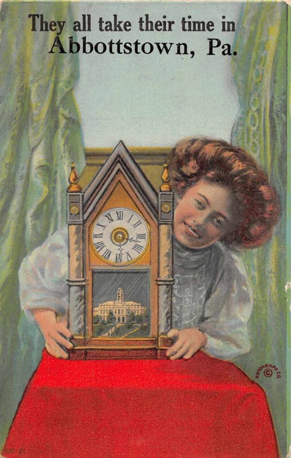 Abbottstown Pennsylvania "Take Their Time" woman with clock antique pc ZD549409