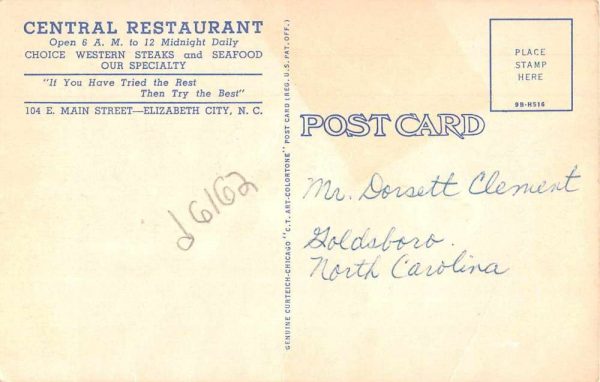 Elizabeth City North Carolina Central Restaurant Vintage Postcard JI657218 - Image 2