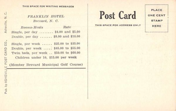 Brevard North Carolina Franklin Hotel Vintage Postcard JI657315 - Image 2