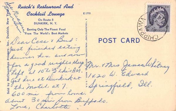 Dunkirk New York Rusch's Restarant and Cocktail Lounge Vintage Postcard JI657366 - Image 2
