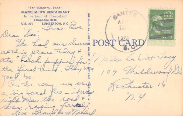 Lumberton North Carolina Blanchard's Restaurant Vintage Postcard JI657462 - Image 2