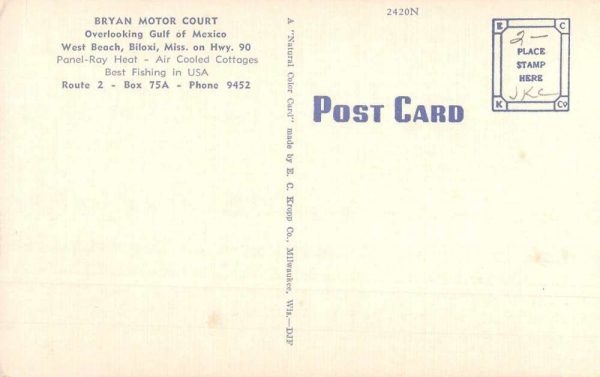 Biloxi Mississippi Bryan Motor Court Interior Exterior Postcard JI657538 - Image 2