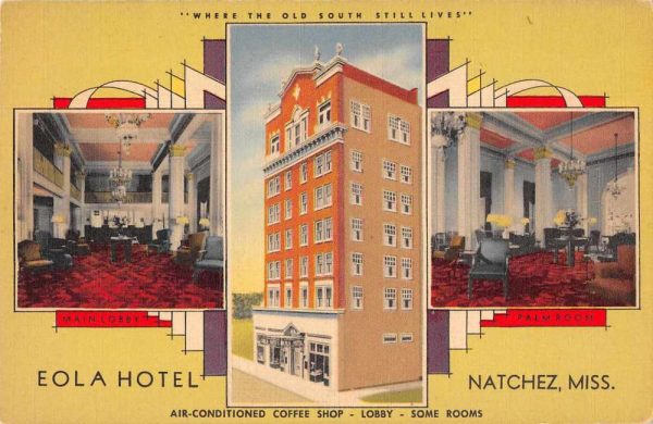 Natchez Mississippi Eola Hotel Palm Room and Lobby Vintage Postcard JI657539