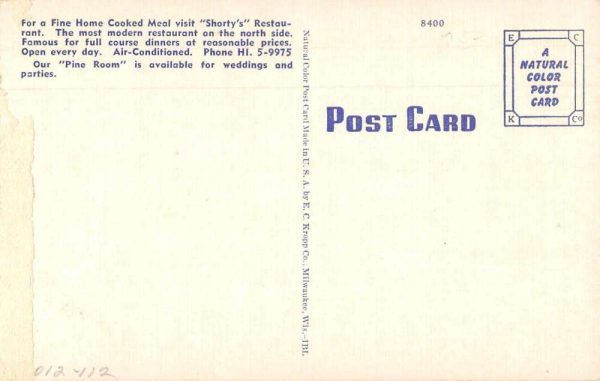 Milwaukee Wisconsin Shorty's Restaurant Vintage Postcard JI657581 - Image 2