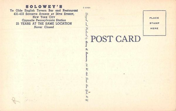 New York City Solowey's Tavern Bar and Restaurant Vintage Postcard JI657737 - Image 2