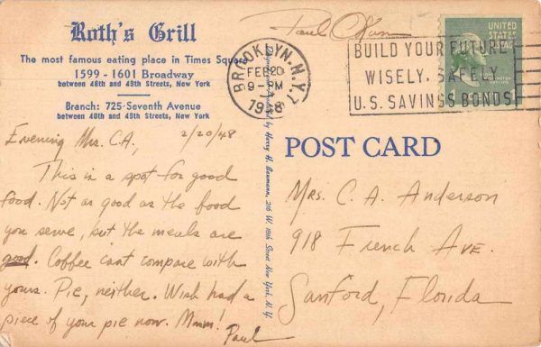 New York City Roth's Grill and Restaurant Times Square Vintage Postcard JI657738 - Image 2