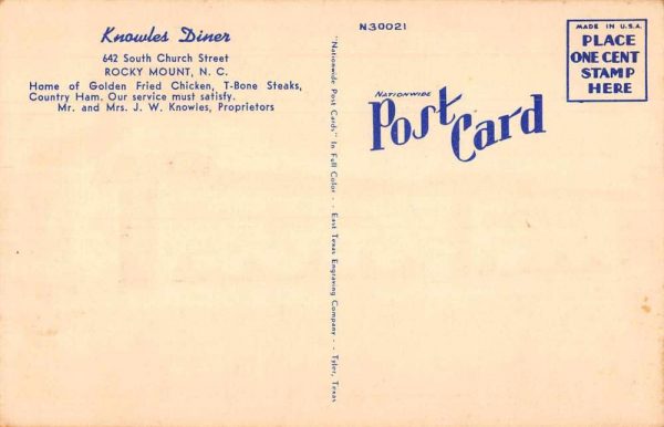 Rocky Mount North Carolina Knowles Diner Fried Chicken Vintage Postcard JI657905 - Image 2