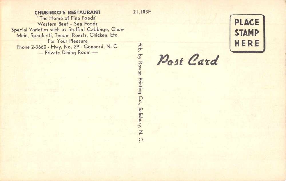 Concord North Carolina Chubirko's Restaurant Vintage Postcard JI657934 - Image 2