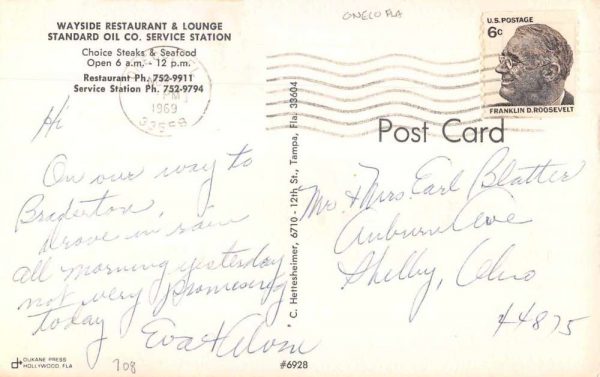 Oneco Florida Wayside Restaurant Standard Oil Gas Station Postcard JI657937 - Image 2