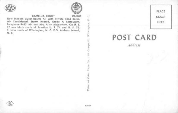 Wilmington North Carolina Camellia Court and Restaurant Postcard JI657955 - Image 2