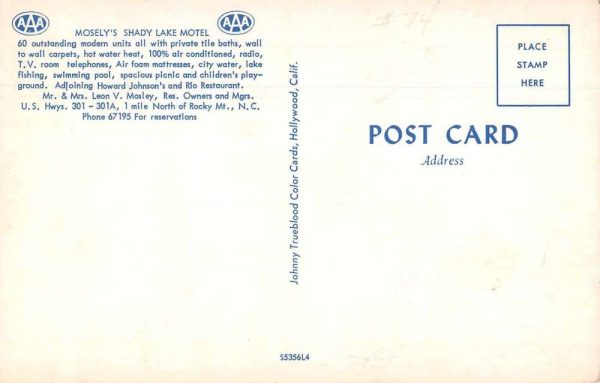 Rocky Mount North Carolina Mosely's Shady Lake Motel Vintage Postcard JI657957 - Image 2