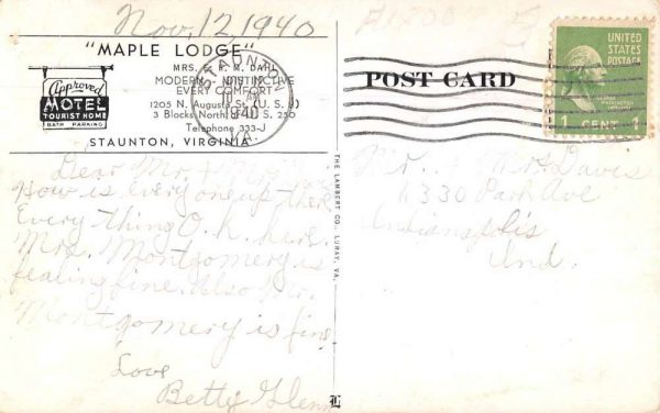 Staunton Virginia North Augusta Street Maple Lodge Vintage Postcard JI657967 - Image 2