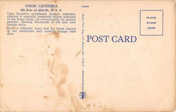 New York City Dixon Cafeteria Vintage Postcard JI657979 - Image 2
