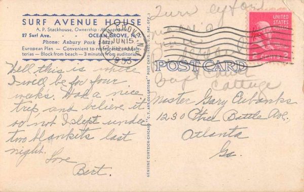 Ocean Grove New Jersey Surf Avenue House Vintage Postcard JI657987 - Image 2