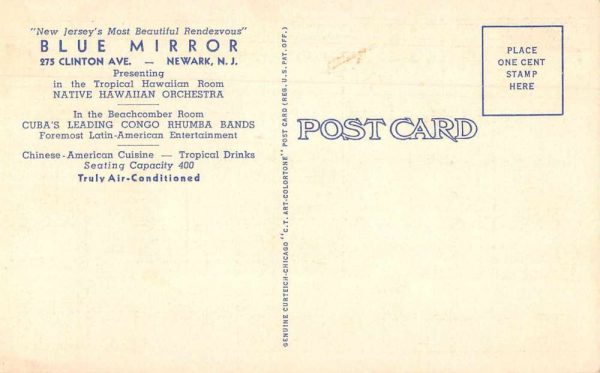 Newark New Jersey Blue Mirror Bar and Dining room Vintage Postcard JI657989 - Image 2