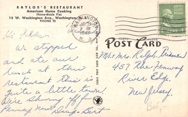 Washington New Jersey Baylor's Restaurant Vintage Postcard JI657991 - Image 2