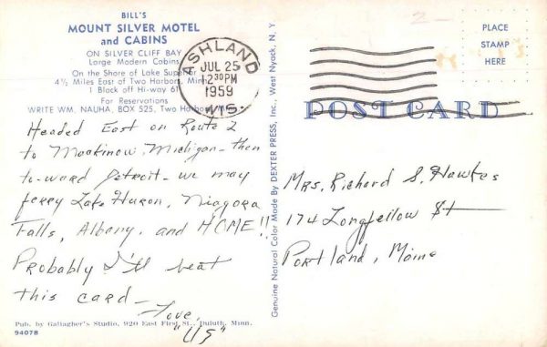 Two Harbors Minnesota Bill's Mount Silver Motel Vintage Postcard JI657999 - Image 2