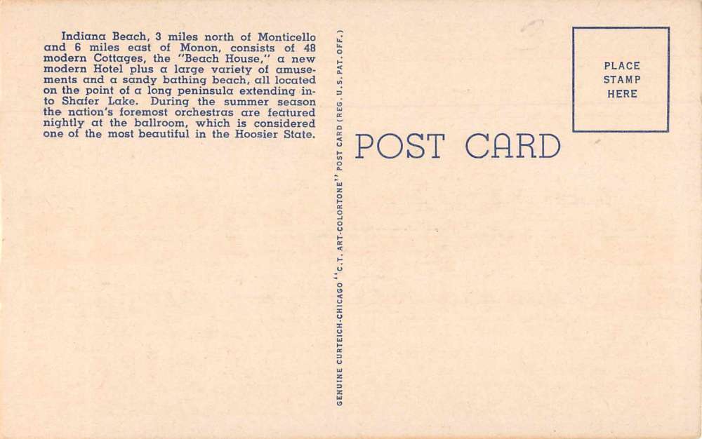 Monticello Indiana Beach Shafer Lake Beach House Hotel Vintage Postcard JI658008 - Image 2