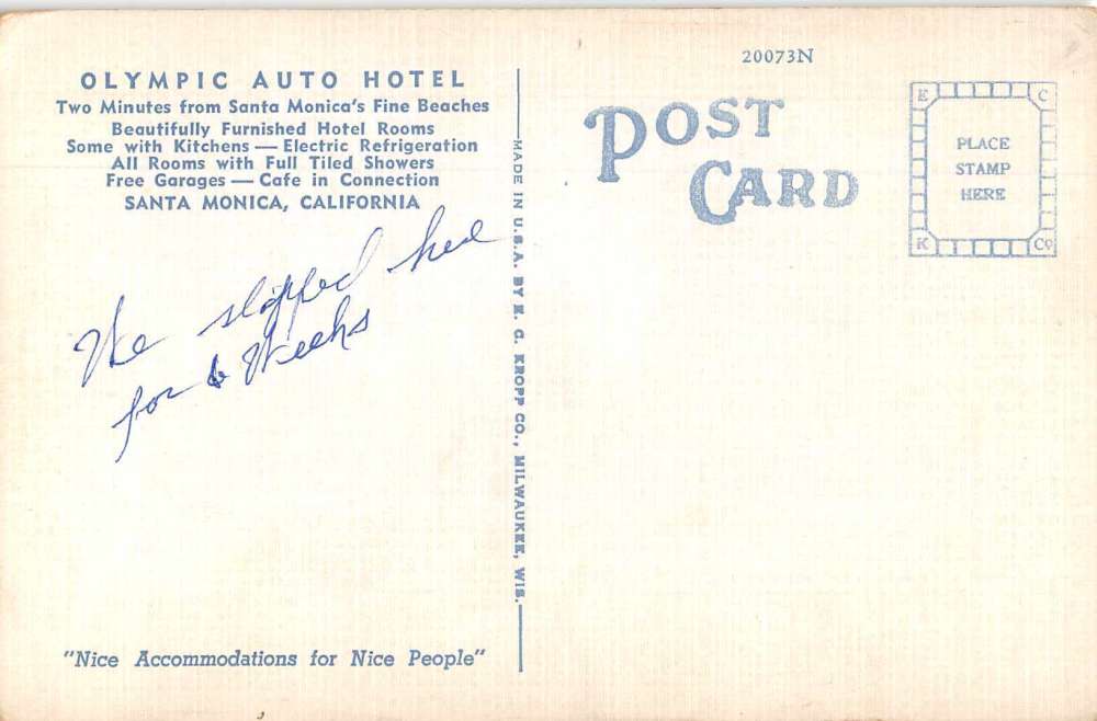 Santa Monica California Olympic Auto Hotel and Restaurant Postcard JI658020 - Image 2
