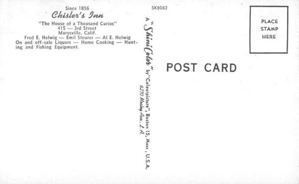 Marysville California Chisler's Inn Bar and Hunting Equipment Postcard JI658023 - Image 2