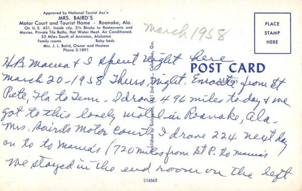 Roanoke Alabama Mrs. Baird's Motor Court Vintage Postcard JI658032 - Image 2