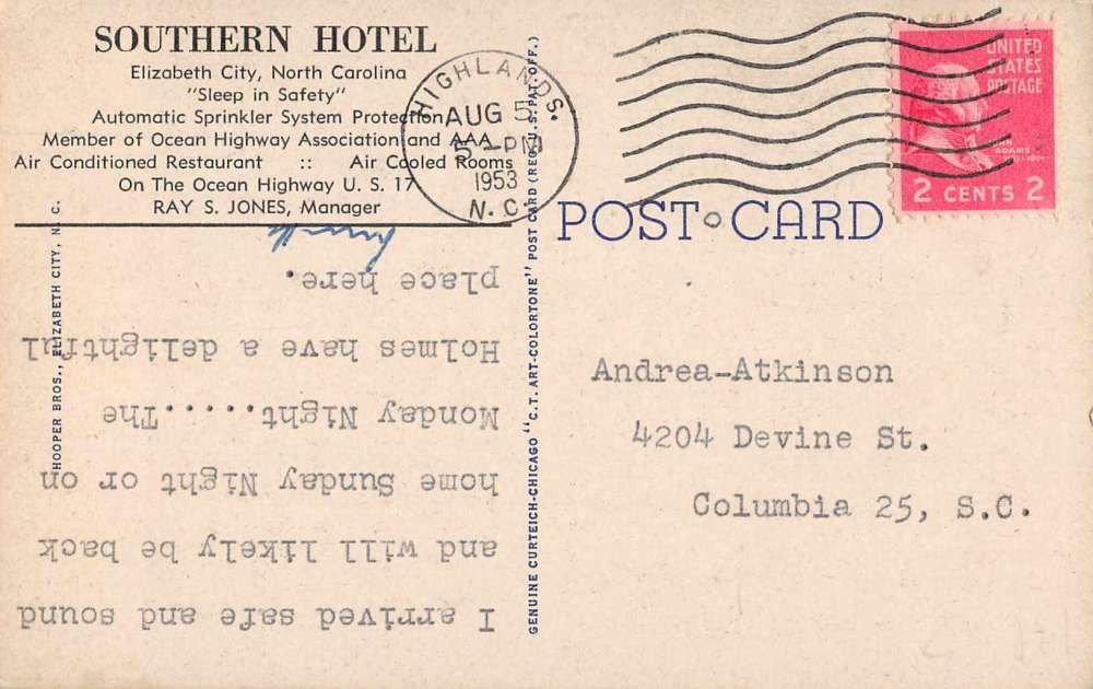 Elizabeth City North Carolina New Southern Hotel Vintage Postcard JI658043 - Image 2