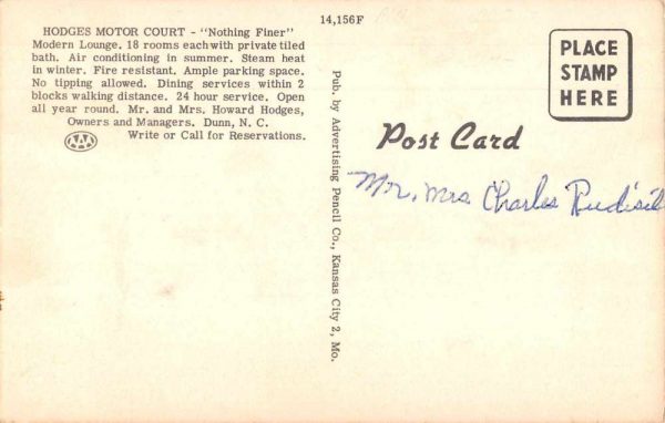 Dunn North Carolina Hodges Motor Court Vintage Postcard JI658084 - Image 2