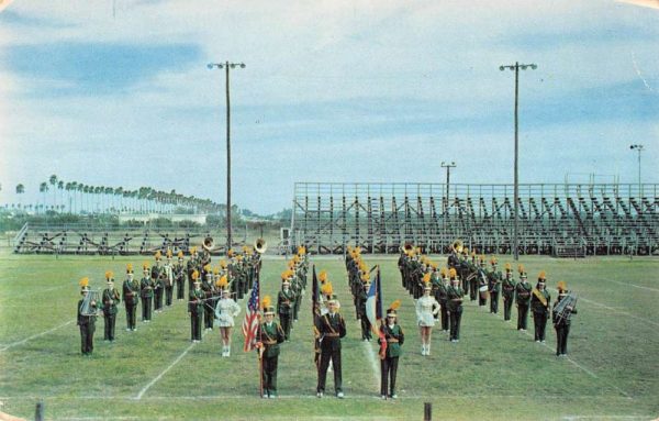 Weslaco Texas birds eye view High School Band on field vintage pc ZE686122