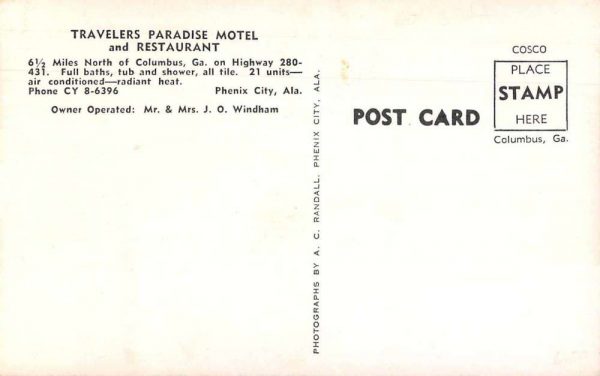 Phenix City Alabama Travelers Paradise Motel and Restaurant Postcard JI658254 - Image 2