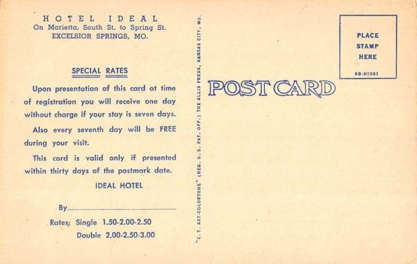 Excelsior Springs Missouri multi-views Hotel Ideal linen antique pc ZE686180 - Image 2
