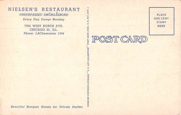 Chicago Illinois Nielsen's Restaurant Smorgasbord Vintage Postcard JJ649566 - Image 2