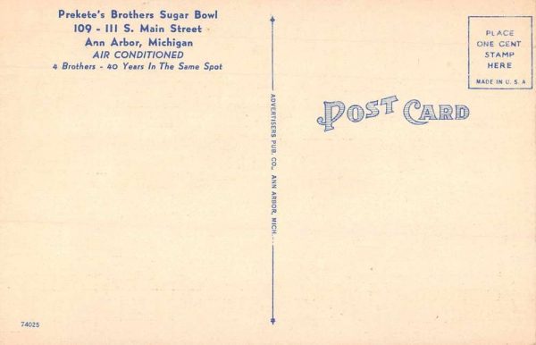 Ann Arbor Michigan Prekete's Bros Sugar Bowl Restaurant Postcard JJ649649 - Image 2