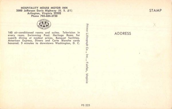 Arlington Virginia Hospitality House Motor Inn Vintage Postcard JJ649829 - Image 2