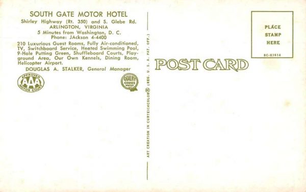 Arlington Virginia South Gate Motor Hotel Vintage Postcard JJ649830 - Image 2