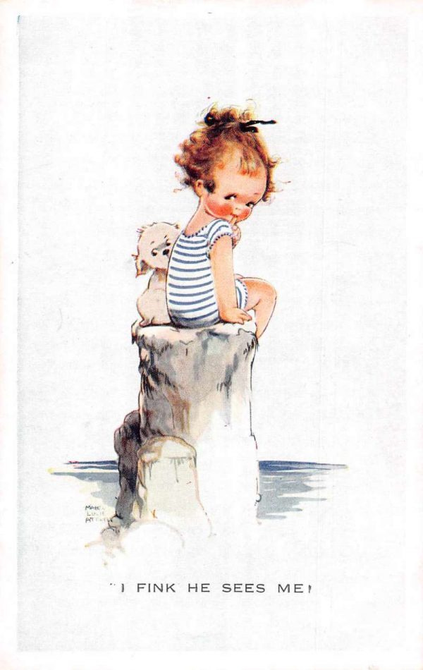 Greetings Girl at Beach with Dog Attwell Vintage Postcard JJ649892