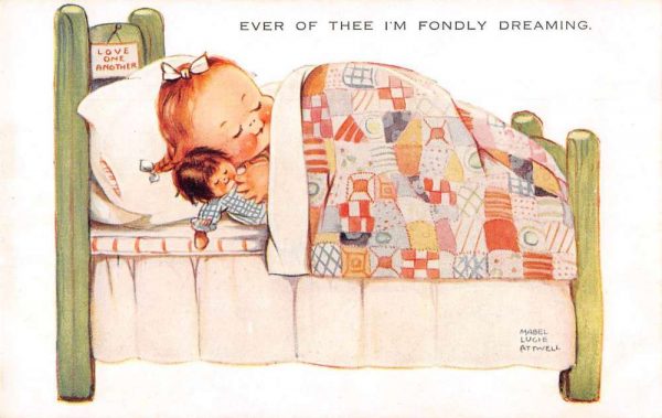 Greetings Girl Sleeping with Baby Doll Attwell Vintage Postcard JJ649896