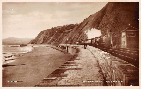 Teignmouth England Sea Wall Train Real Photo Postcard AA463