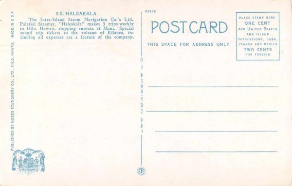 Hawaii Steamer SS Haleakala Vintage Postcard AA548 - Image 2