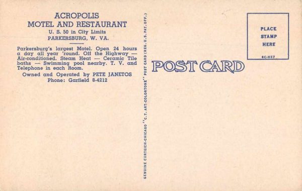 Parkersburg West Virginia Acropolis Motel and Restaurant Vintage Postcard AA571 - Image 2
