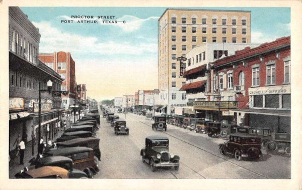 Port Arthur Texas street scene vintage cars proctor street antique pc CC37