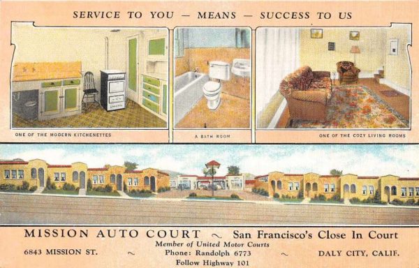 Daly City California Mission Auto Court Interior Vintage Postcard AA650