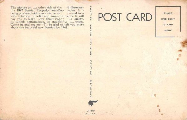 1947 Pontiac Automobile Advertising Vintage Postcard AA683 - Image 2
