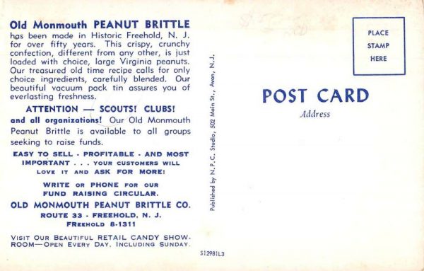 Freehold New Jersey Old Monmouth Peanut Brittle factory workers vintage pc BB233 - Image 2