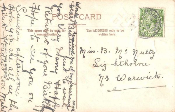 Birthday Greetings Purple Flowers Dove Swakstika Vintage Postcard AA852 - Image 2
