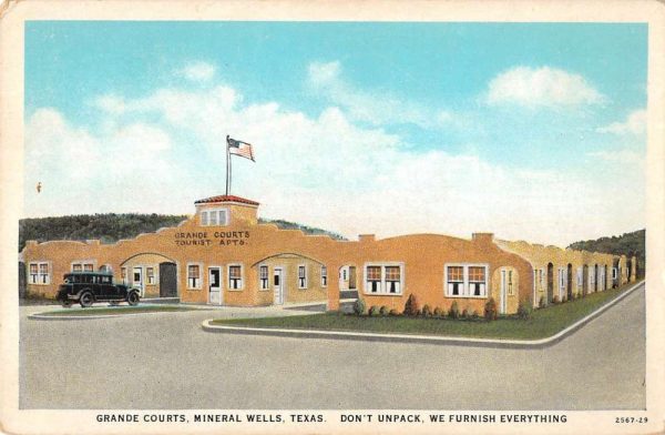 Mineral Wells Texas street scene Grande Courts Tourist Apts antique pc BB353
