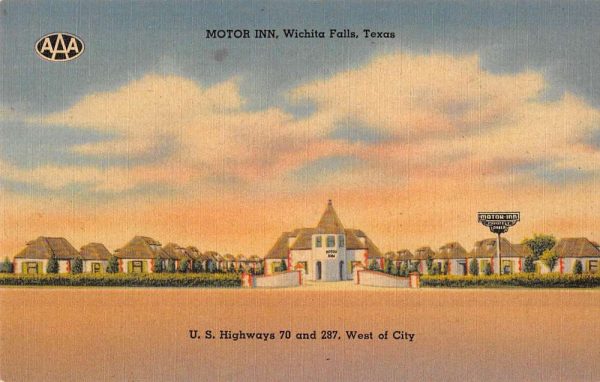 Wichita Falls Texas panoramic birds eye view Motor Inn linen antique pc BB355